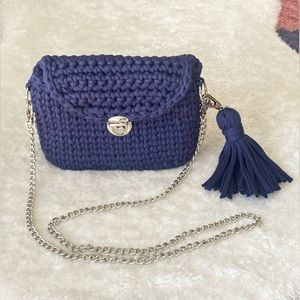 New Boho Hand Woven Blue Crochet Clutch Metal Detachable Strap. Made in Poland.